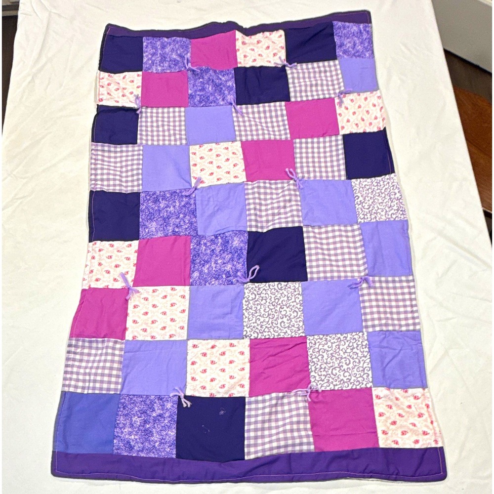 Handmade Reversible Patchwork Crib Quilt Blanket Purple Pink White 42x 26 .5